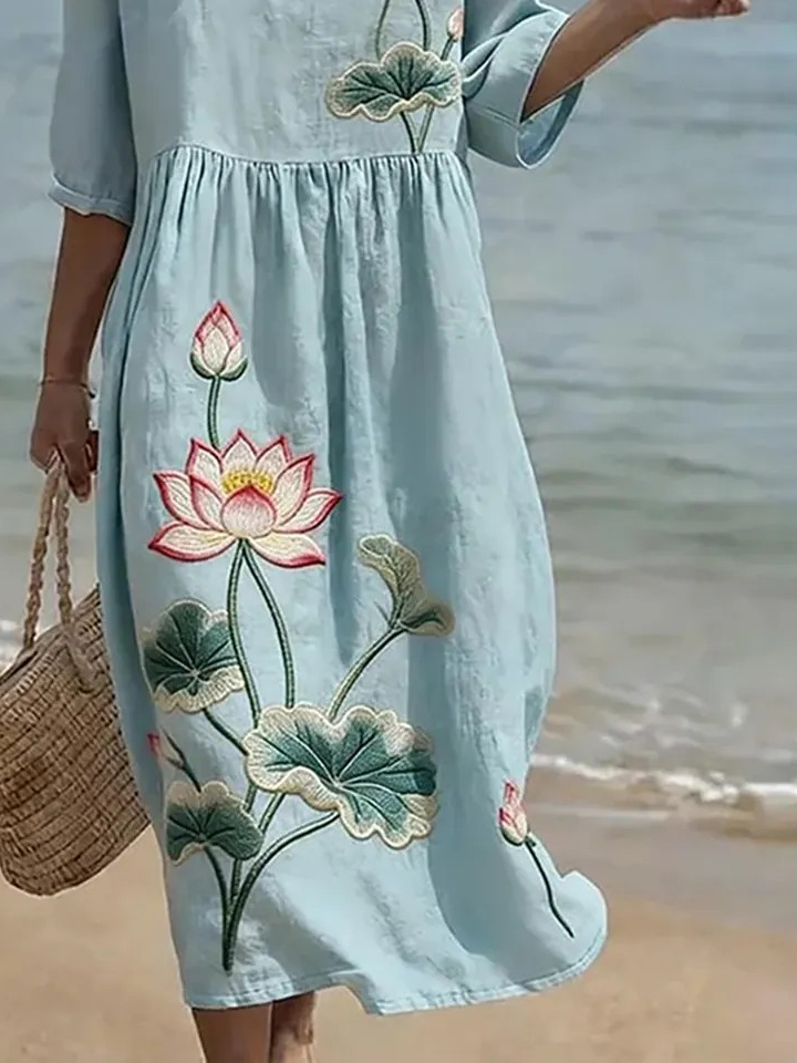 Vintage Linen Blend Loose Others Dress With No