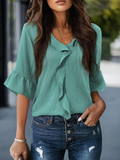 Women's Half Sleeve T-shirt Summer Green Plain Split Joint V Neck Petal Sleeve Daily Going Out Casual Top