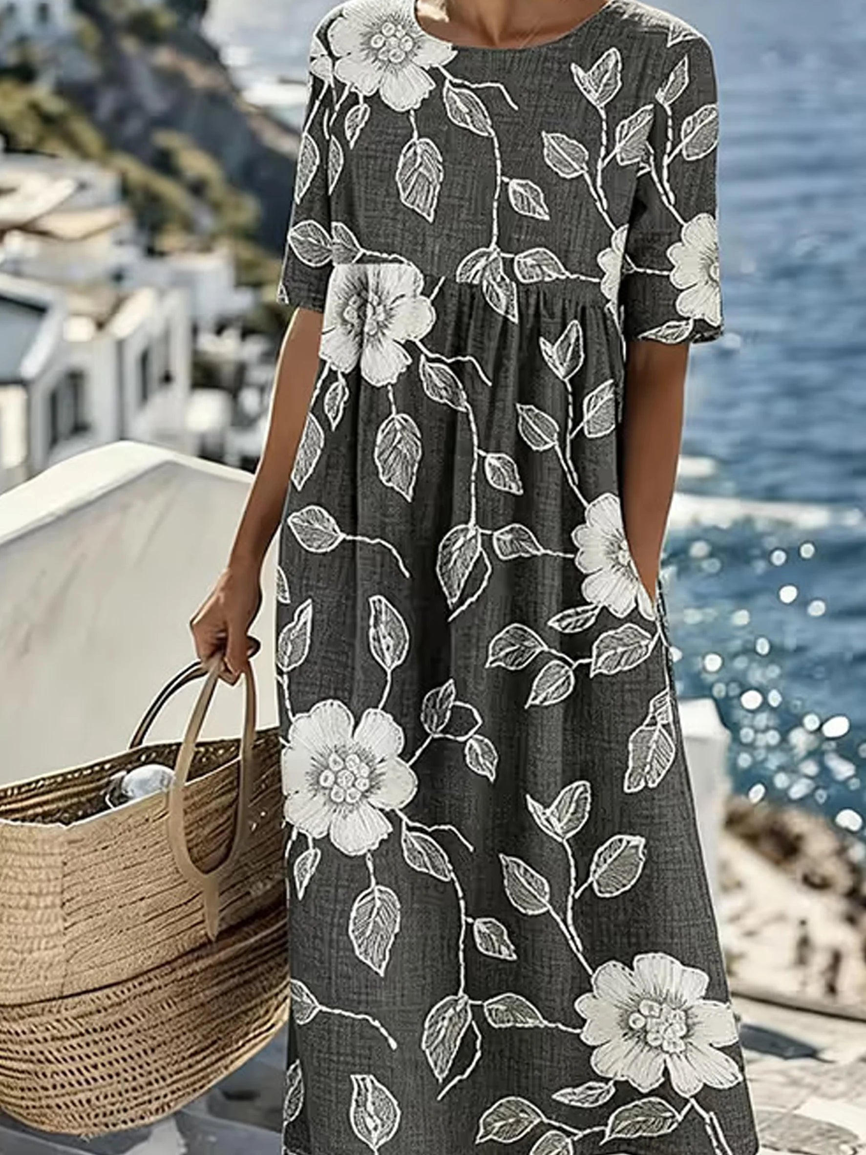 Vintage Floral Round Neck Short Sleeve Casual Dress