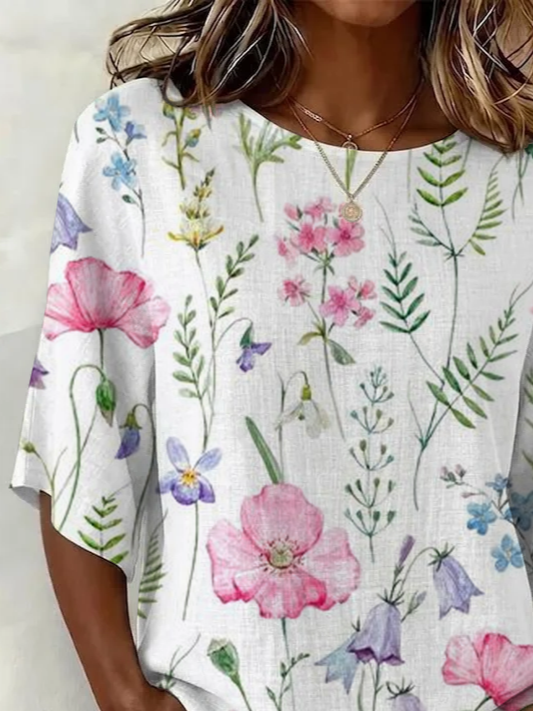 Women's Half Sleeve Blouse Summer White Floral Printing Crew Neck Daily Going Out Vintage Top