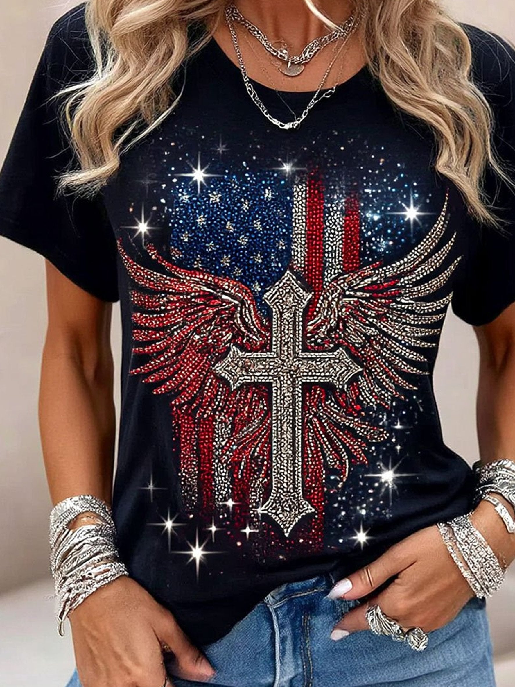3D Printing Crew Neck Short Sleeve Casual America Flag T-Shirt
