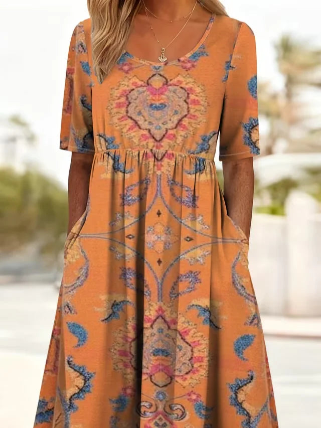 Women's Short Sleeve Summer Orange Ethnic Printing Crew Neck Daily Going Out Casual Maxi H-Line Shift Dress Dress