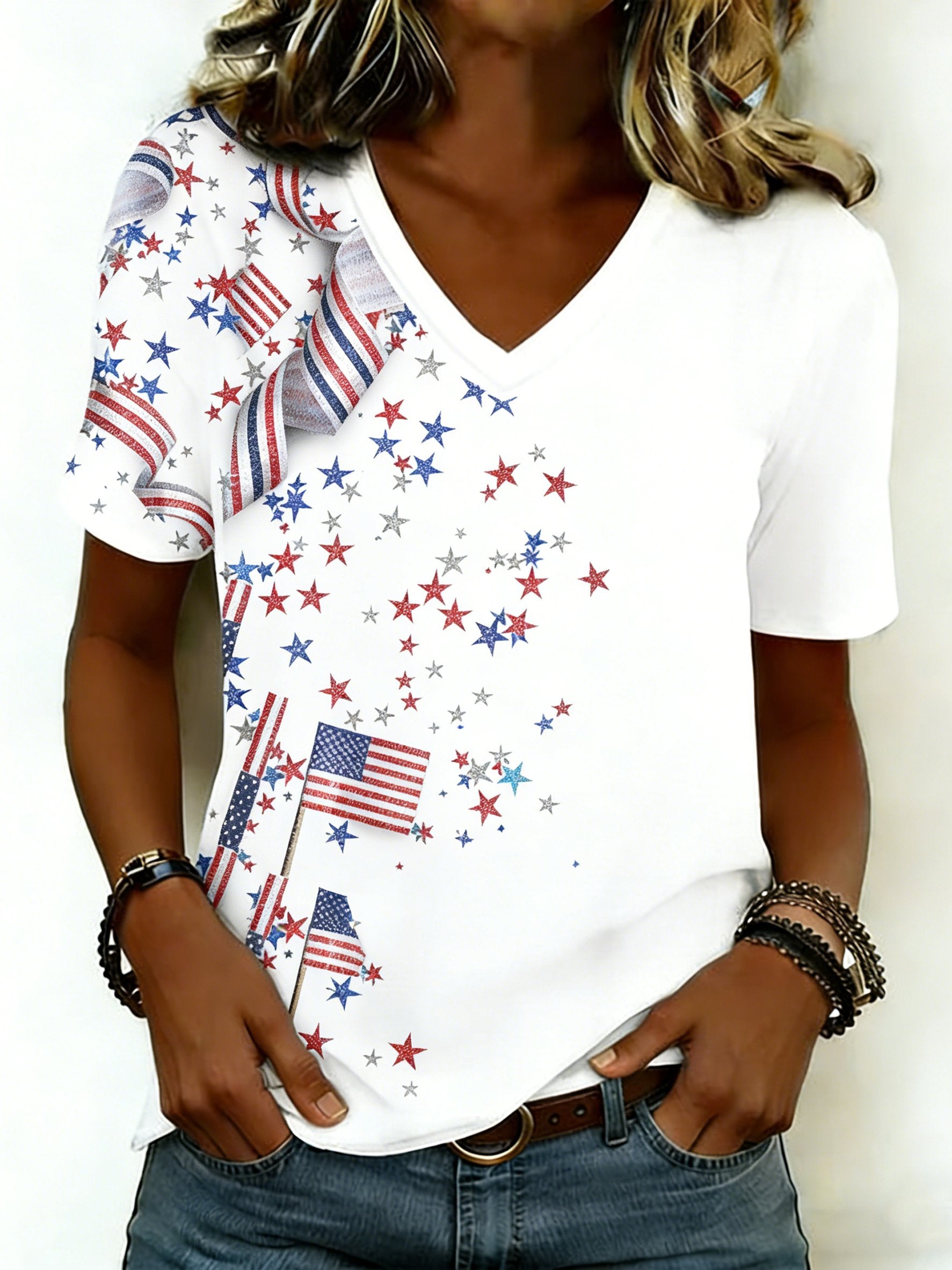 Women's 250th Anniversary Of The Founding Of the United States Short Sleeve V Neck 3D Printing Star Independence Day Daily Going Out Casual T-Shirt