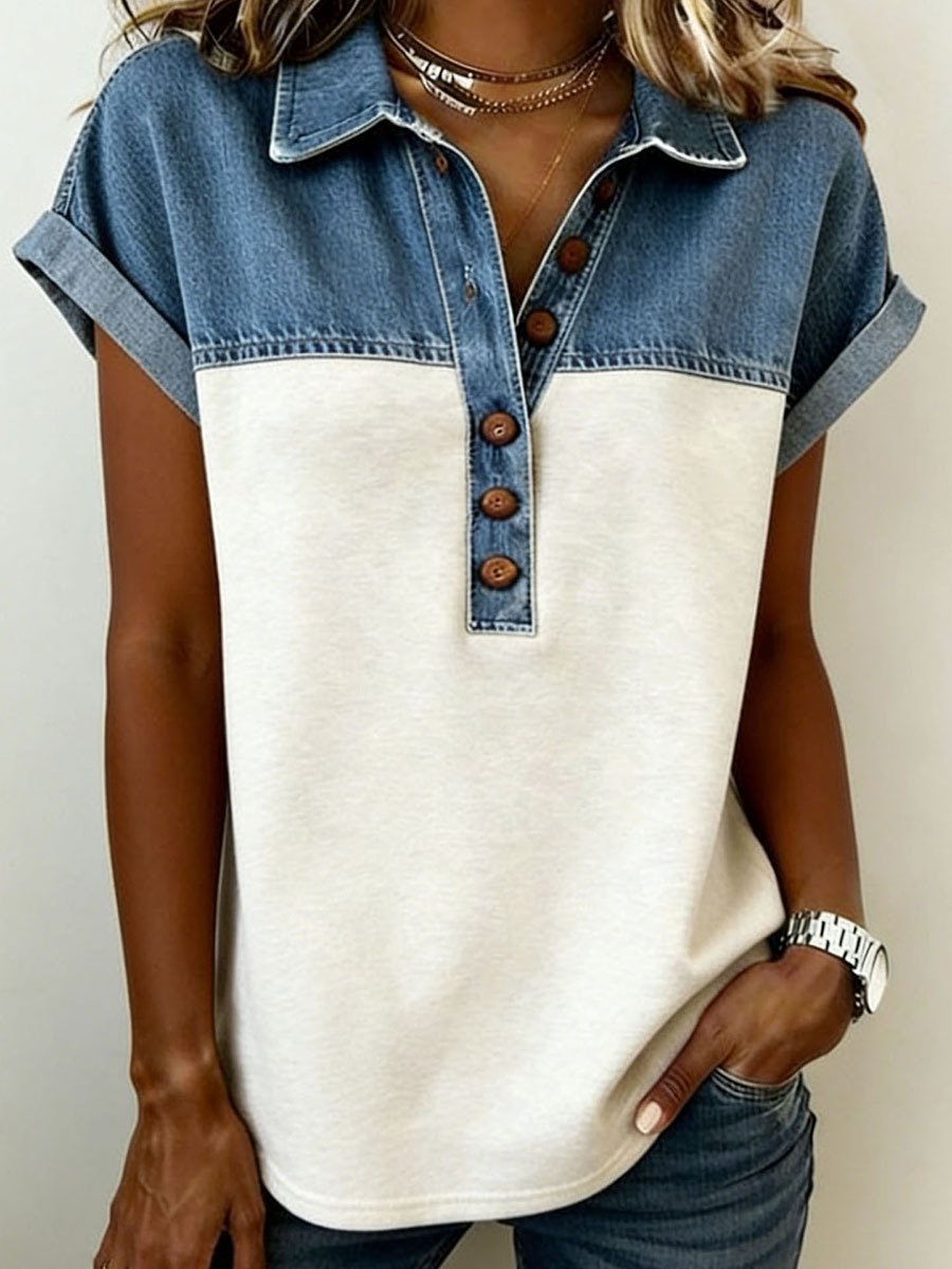 Denim Shawl Collar Color Block Going Out Casual Shirt