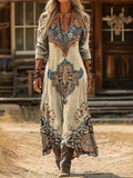 Women's Long Sleeve Spring/Fall Khaki Abstract Printing V Neck Daily Going Out Vintage Maxi H-Line Dress