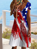 Women's Independence Day Flag Print Casual V-Neck Short Sleeve Dress