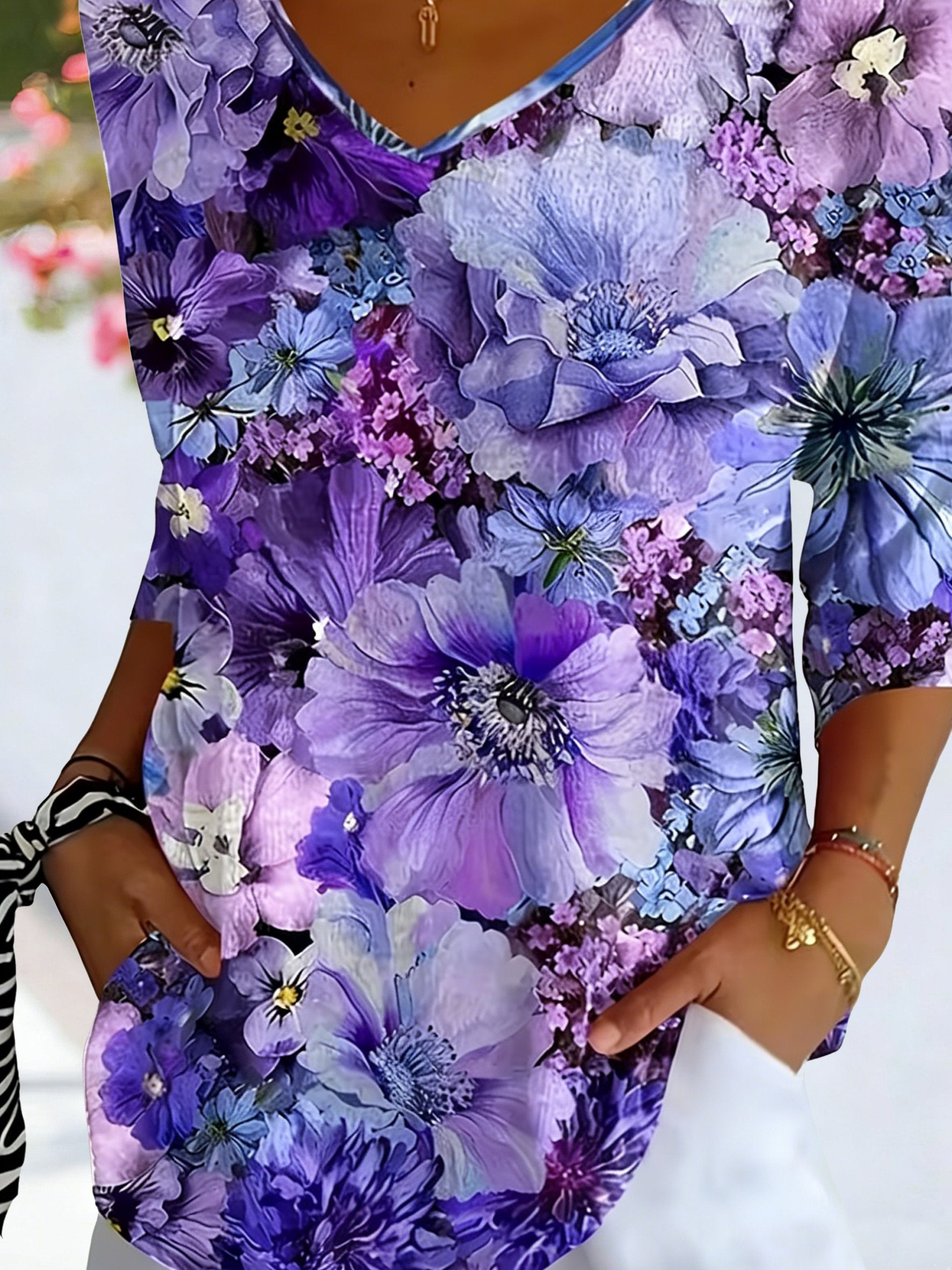 Women's Three Quarter Sleeve T-shirt Spring/Fall Purple FloralPrinting V Neck Daily Going Out Casual Top