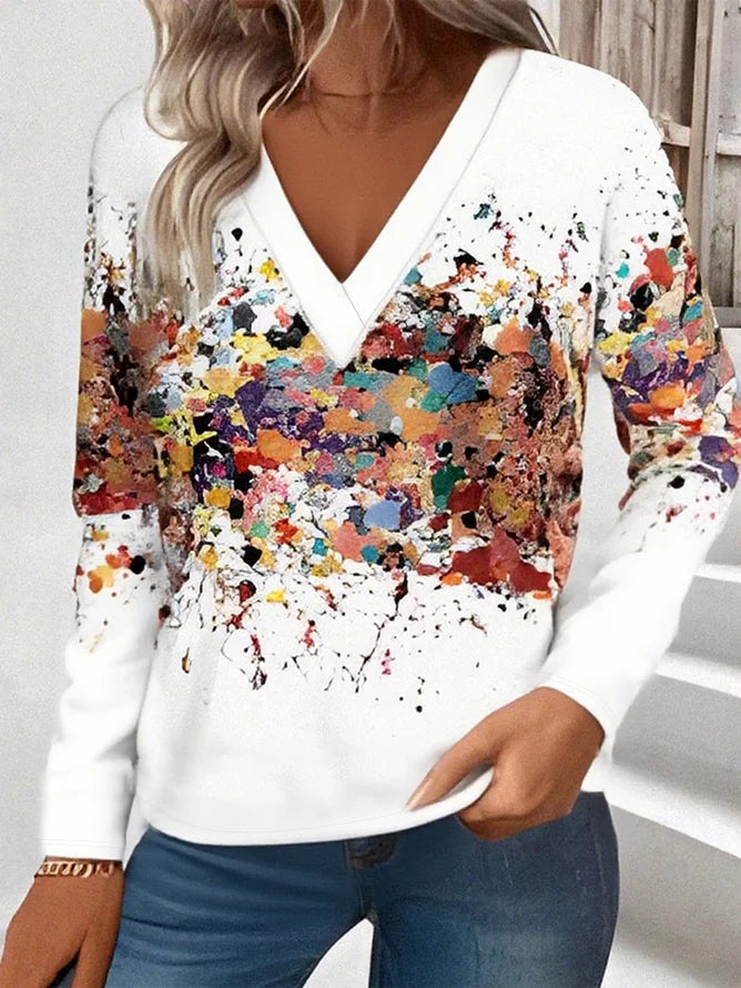 Women's Stylish Long-Sleeved V-Neck Gradient Print Sweatshirt