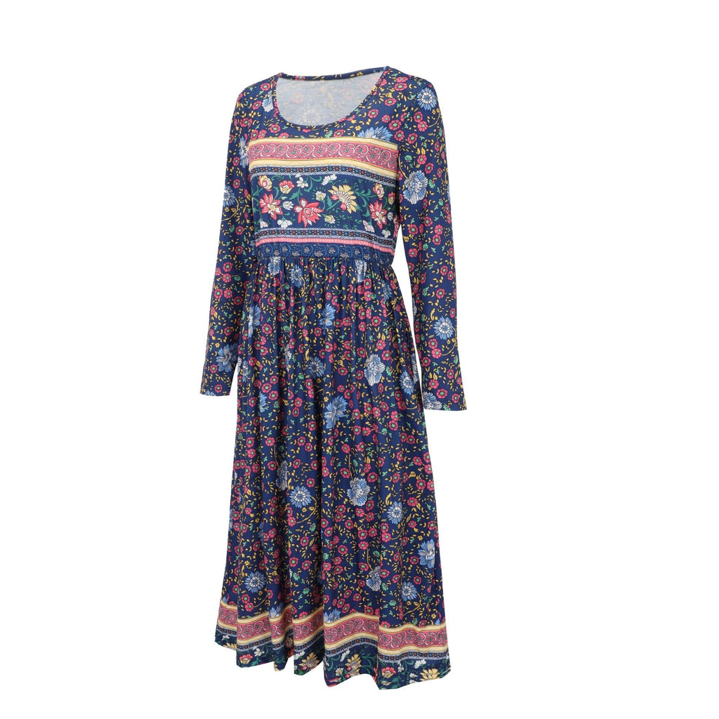 Floral Vintage Loose Crew Neck Dress With No