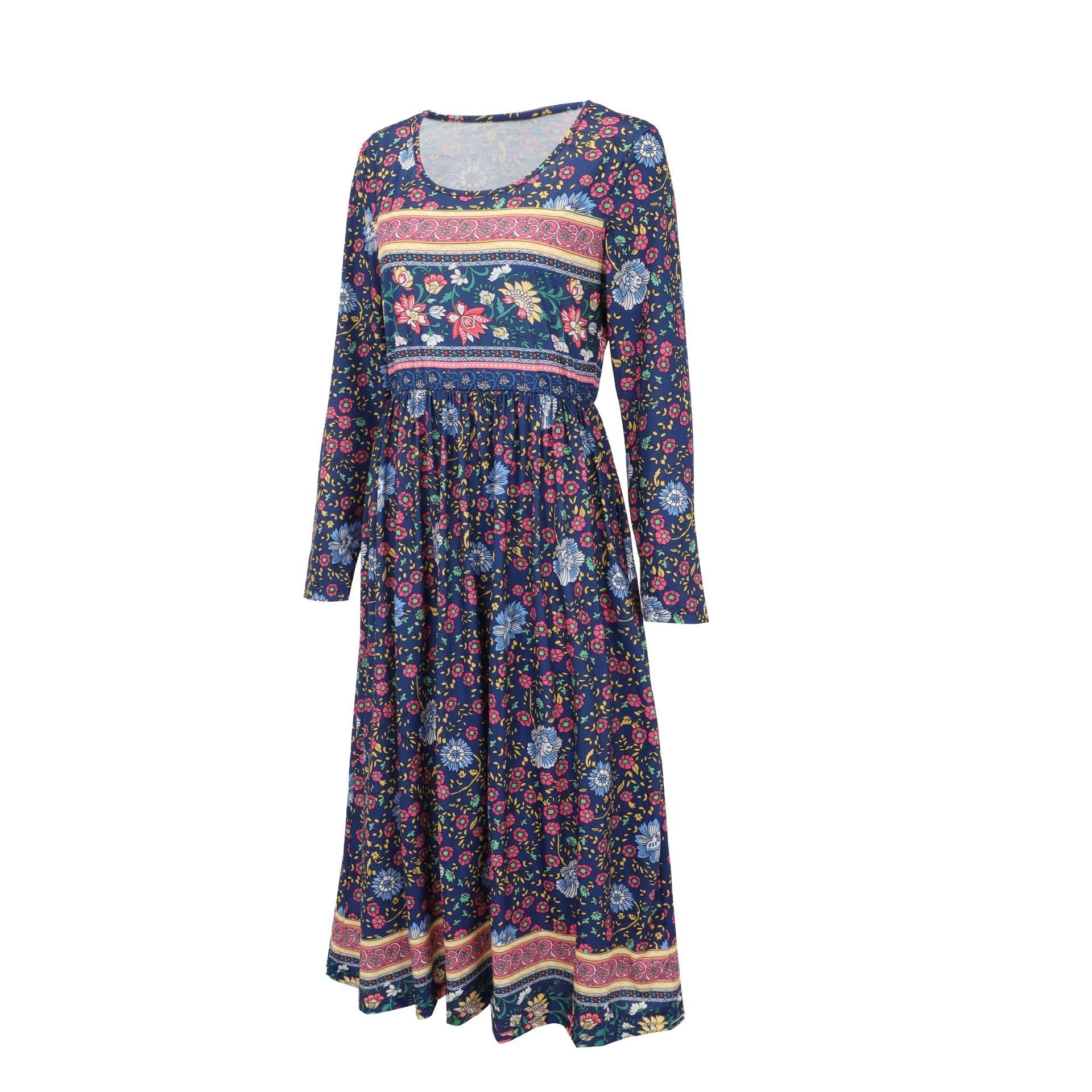 Floral Vintage Loose Crew Neck Dress With No