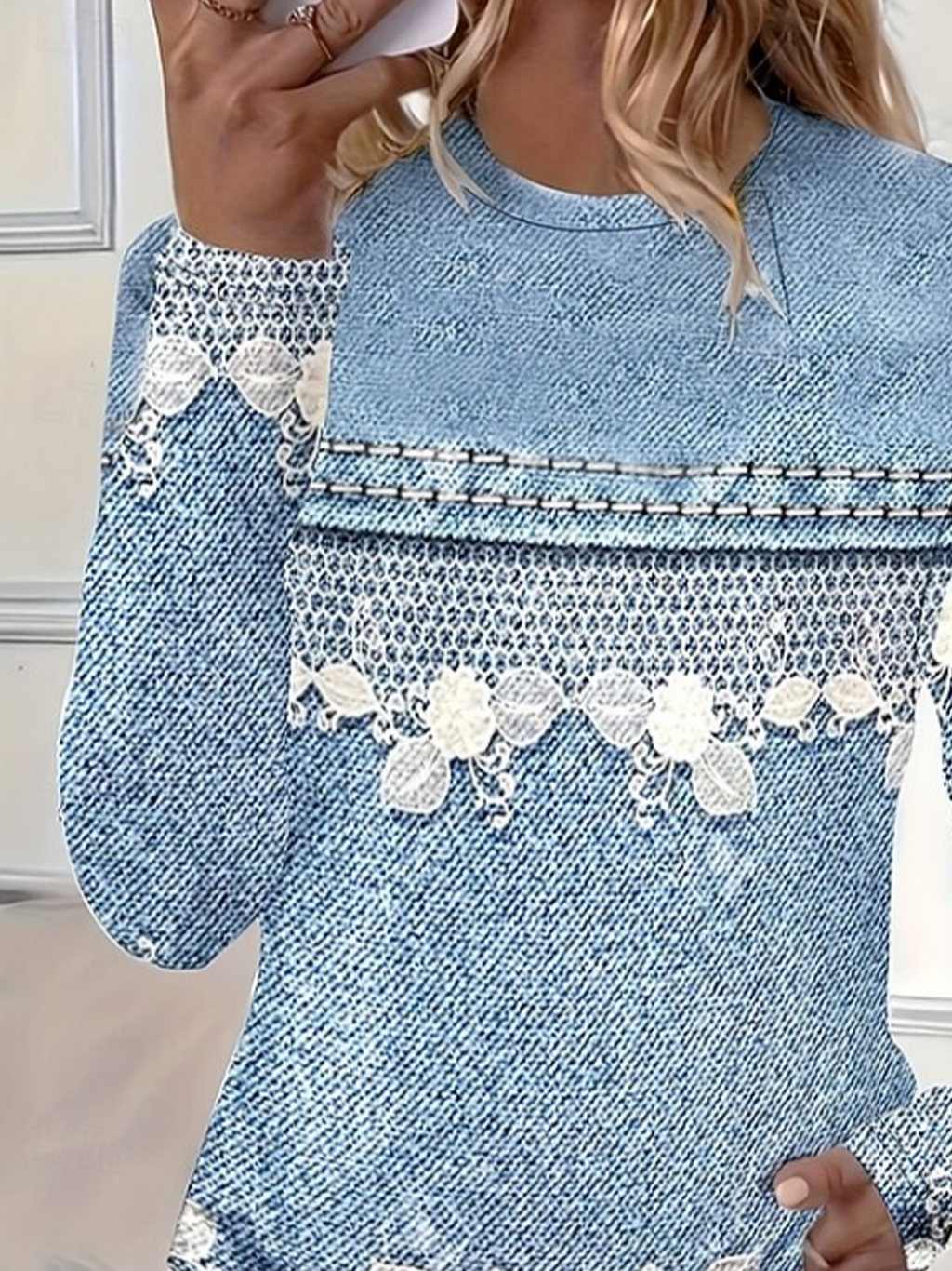 Women's Long Sleeve T-shirt Spring/Fall Blue Faux Denim Print Graphic Printing Jersey Crew Neck Daily Going Out Casual Top