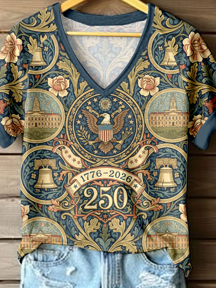 Women's 250th Anniversary Floral Print V-Neck T-Shirt