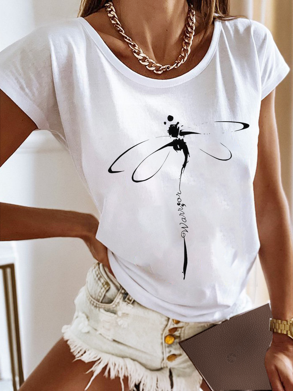 Basic Casual Loose Dragonfly Logo Crew Neck Jersey Short Sleeves T-Shirt
