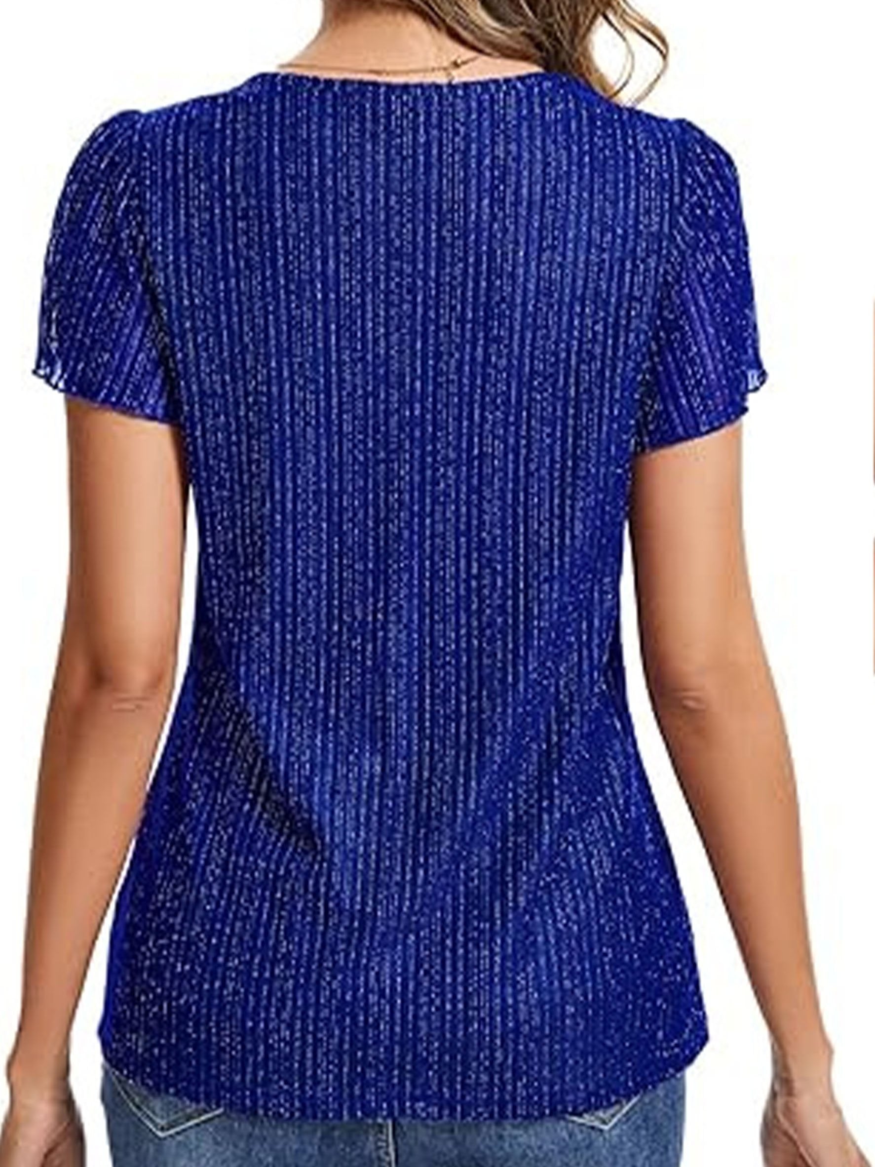 Women's Glitter V Neck Short Sleeve Top Summer Going Out Party Elegant T-Shirt