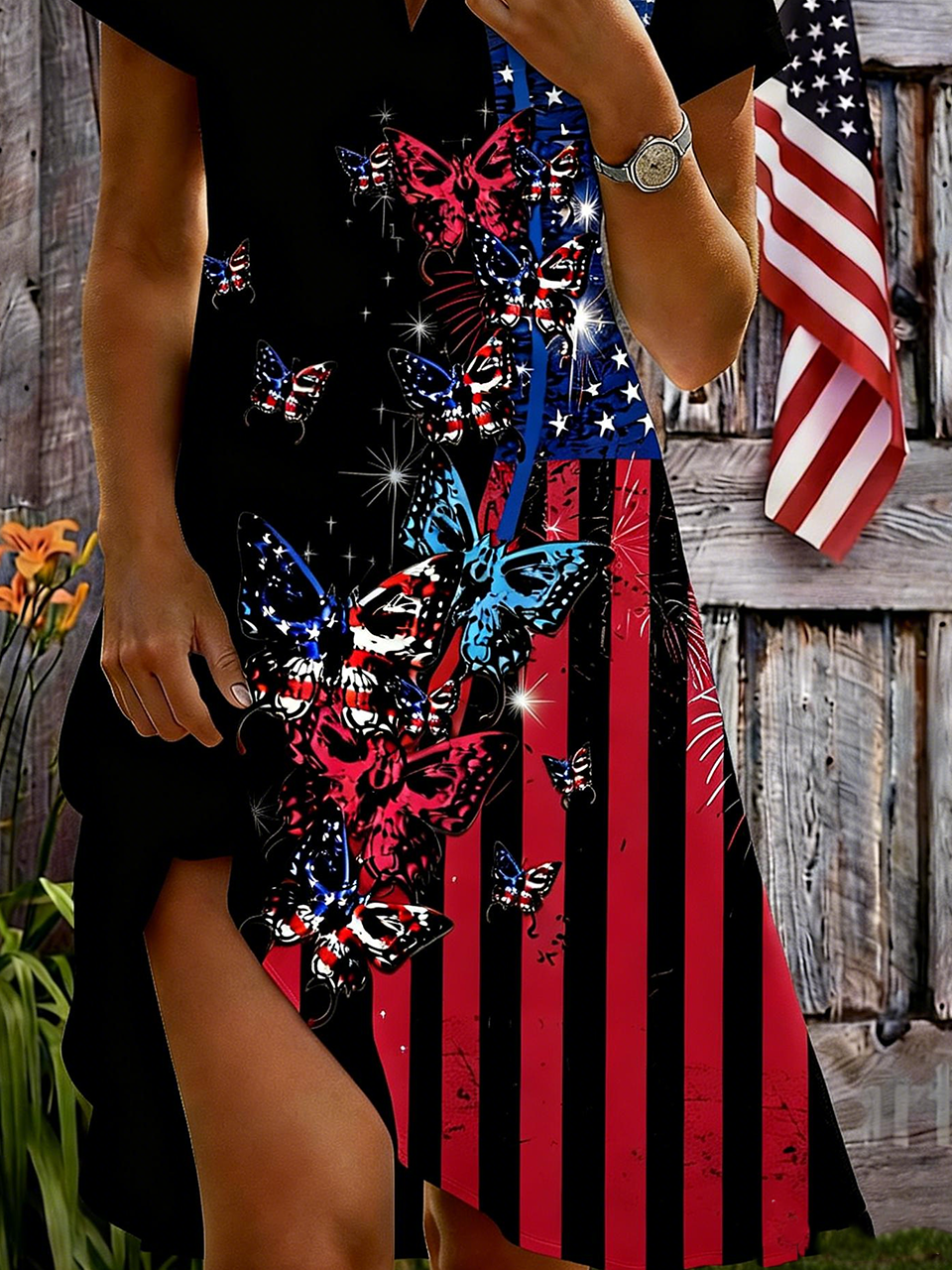 Shawl Collar Casual Independence Day Shirt Dress With No