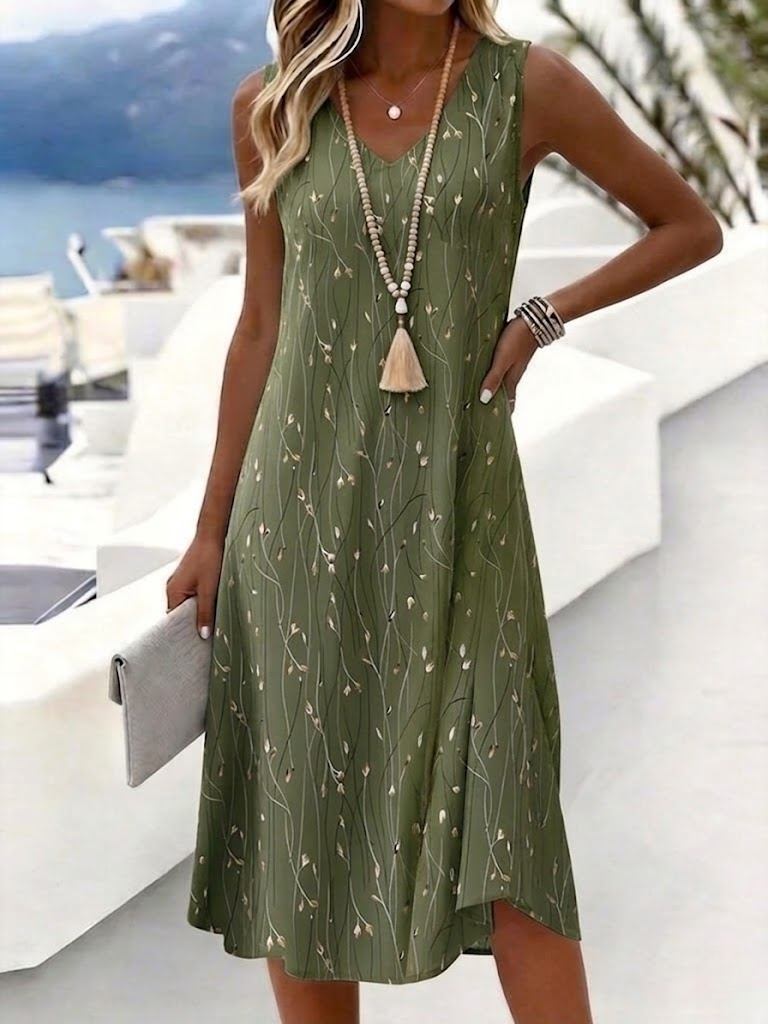 Blue Gray Gold Vine Leaf Print Sleeveless V-Neck Casual Midi Dress