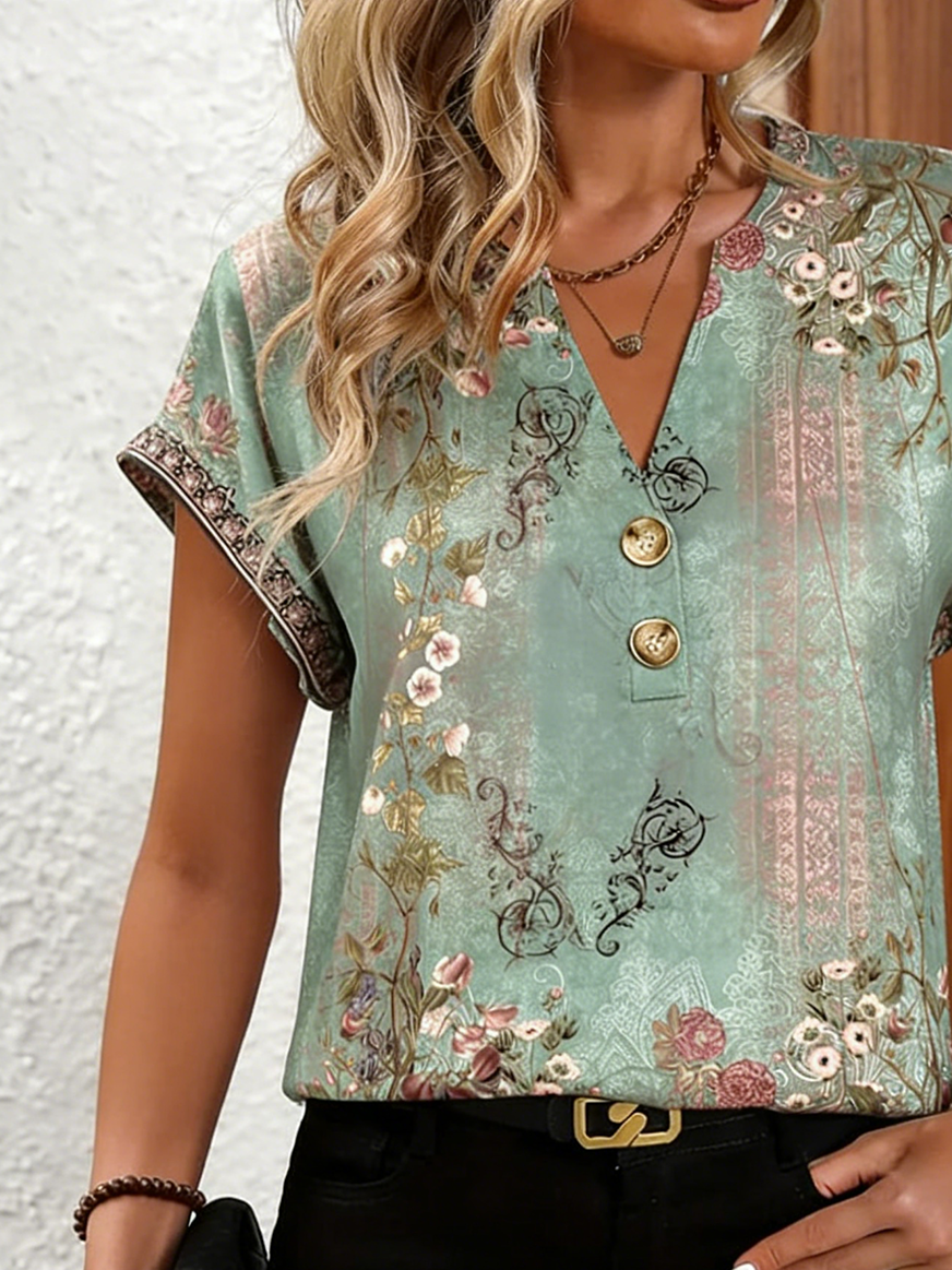 V Neck Elegant Cotton Loose T-Shirt