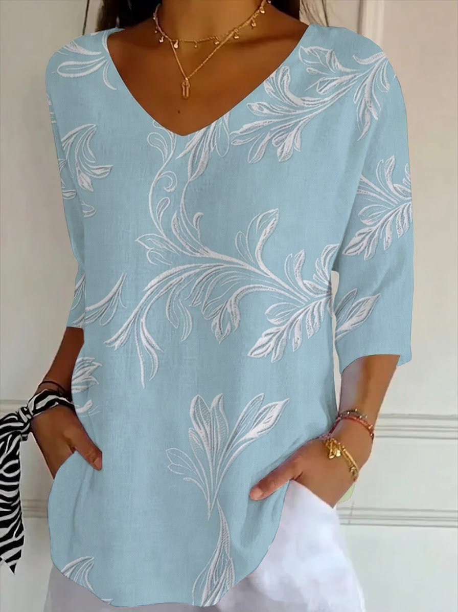 Women's Three Quarter Sleeve T-shirt Spring/Fall Blue Floral Printing V Neck Daily Going Out Casual Top