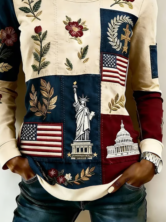 Women's Long Sleeve T-shirt Spring/Fall As Picture America Flag Printing Jersey Crew Neck Daily Going Out Casual Top