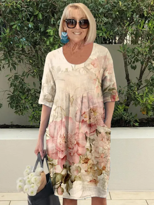 Vintage Crew Neck Loose Floral Dress With No