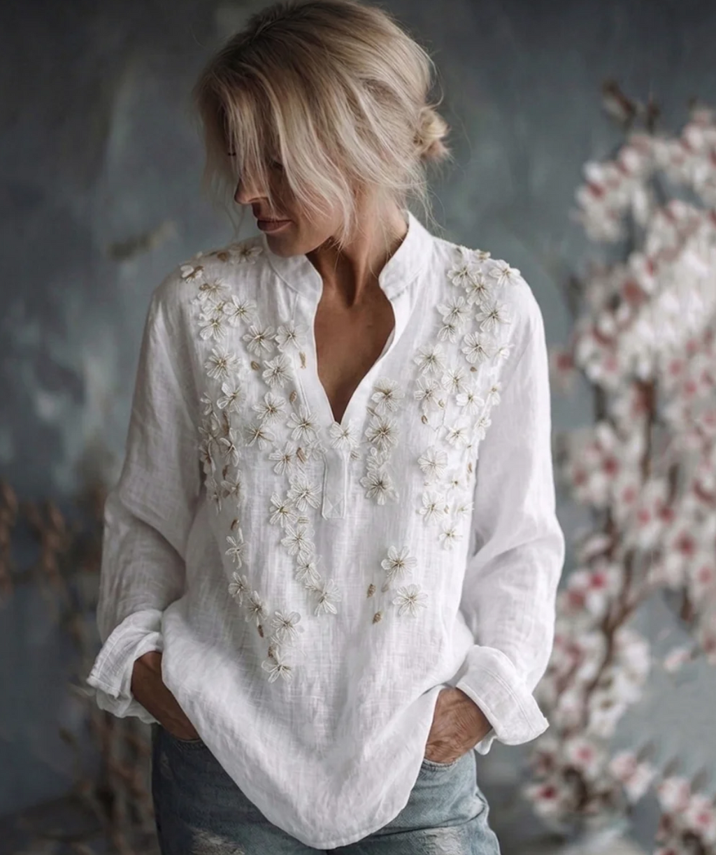 Women's Vintage Printed Floral Linen Long Sleeve Shirt