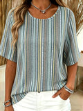 Cotton-Blend Crew Neck Short Sleeve Casual Striped T-Shirt