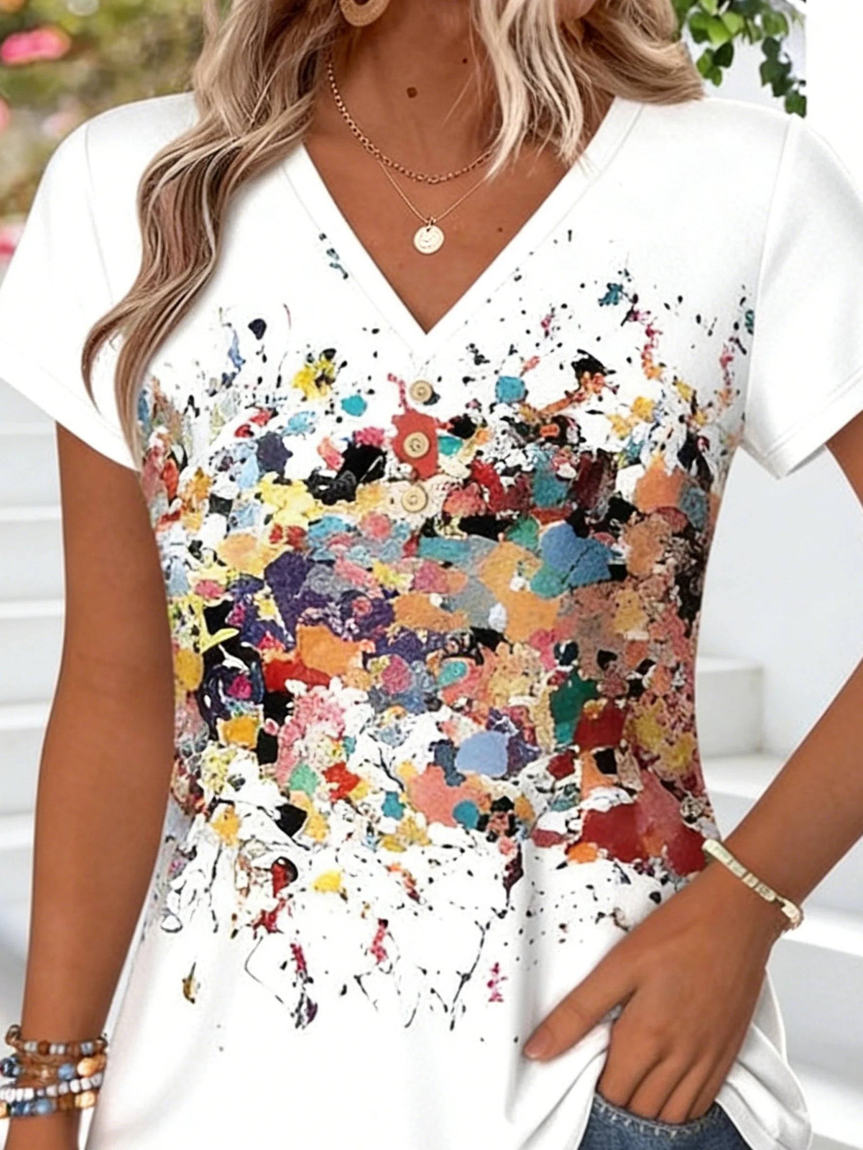 Abstract Random Print Jersey Casual V Neck T-Shirt