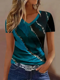 Women's Short Sleeve T-shirt Summer Blue Abstract Printing V Neck Holiday Going Out Vintage Top