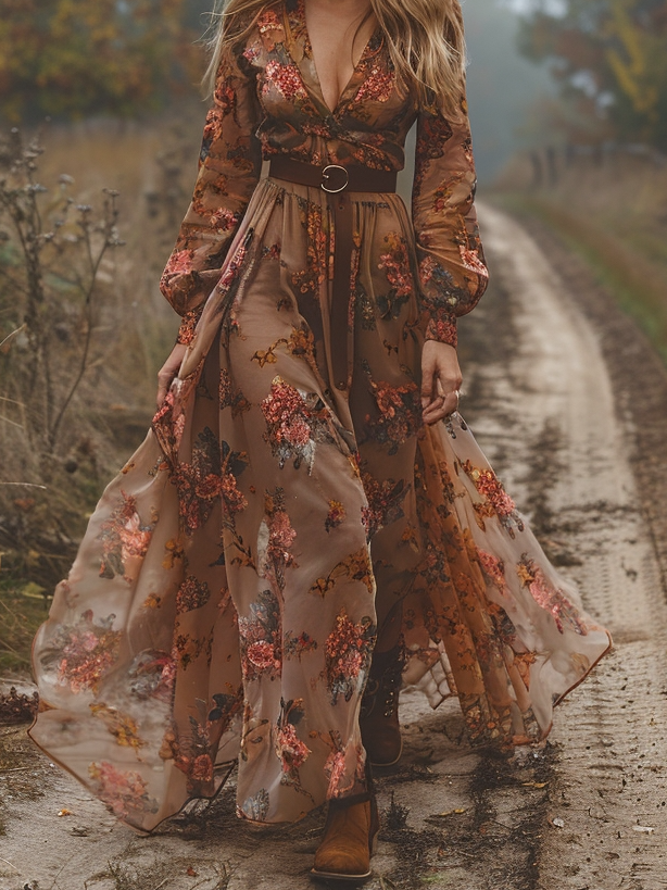 Floral Boho Regular Fit V Neck Dress With No
