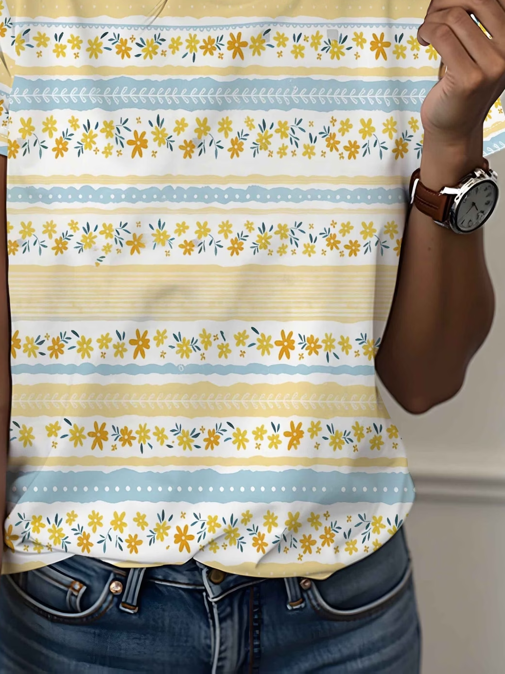 Women's Short Sleeve T-shirt Summer Yellow Floral Printing Jersey Crew Neck Daily Going Out Casual Top