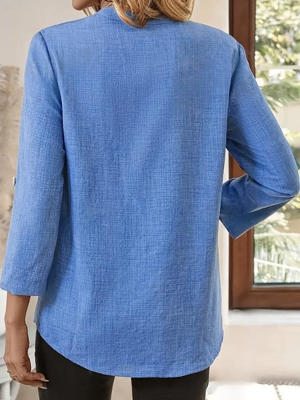 Women's Three Quarter Sleeve Shirt Spring/Fall Green Plain Split Joint Cotton And Linen V Neck Daily Going Out Casual Top