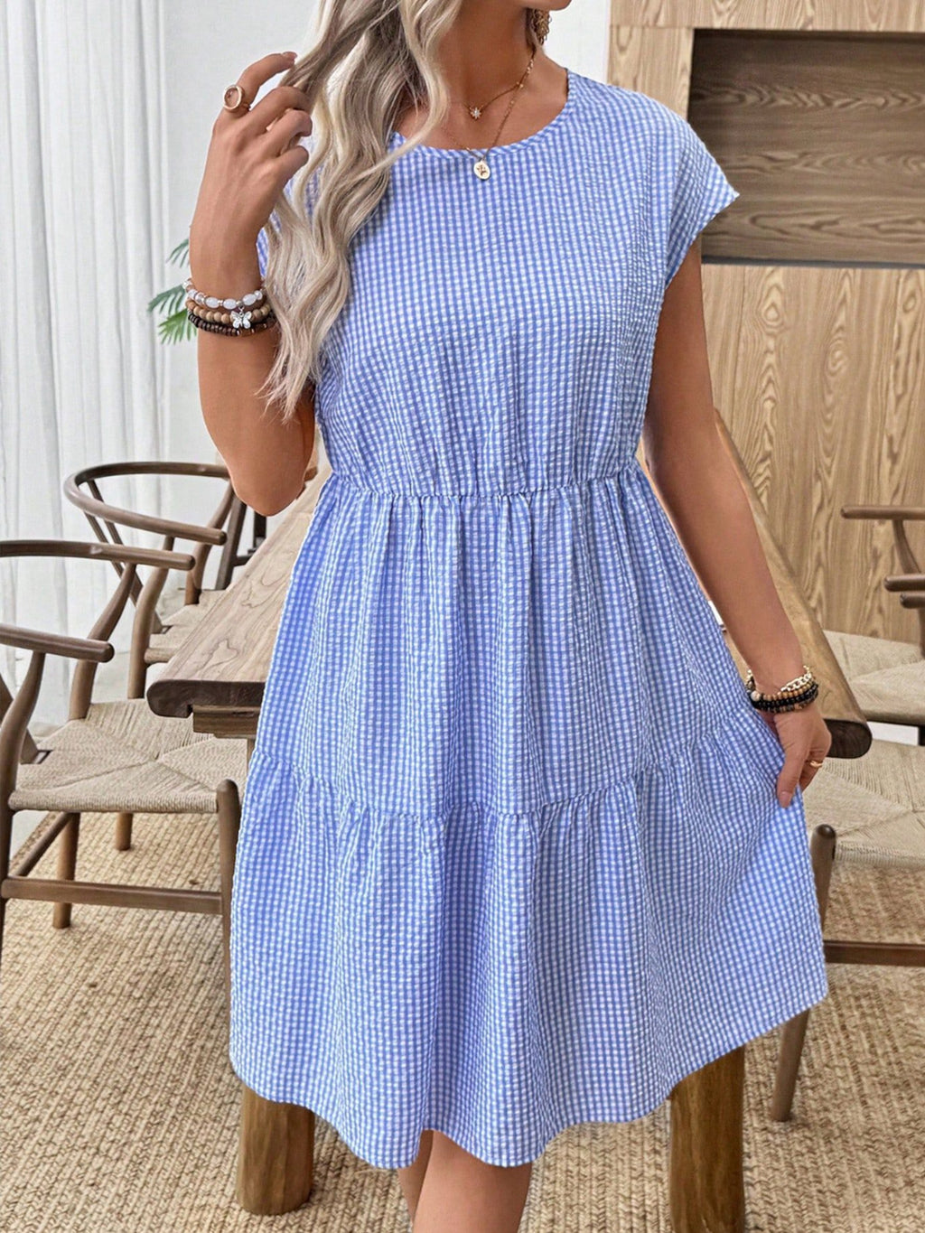 Plaid Round Nck Short Sleeve Slim Waist Summer Casual Dress