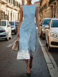 Women's Sleeveless Summer Blue Faux Denim Print Graphic Printing Crew Neck Daily Going Out Vintage Maxi H-Line Shift Dress Dress