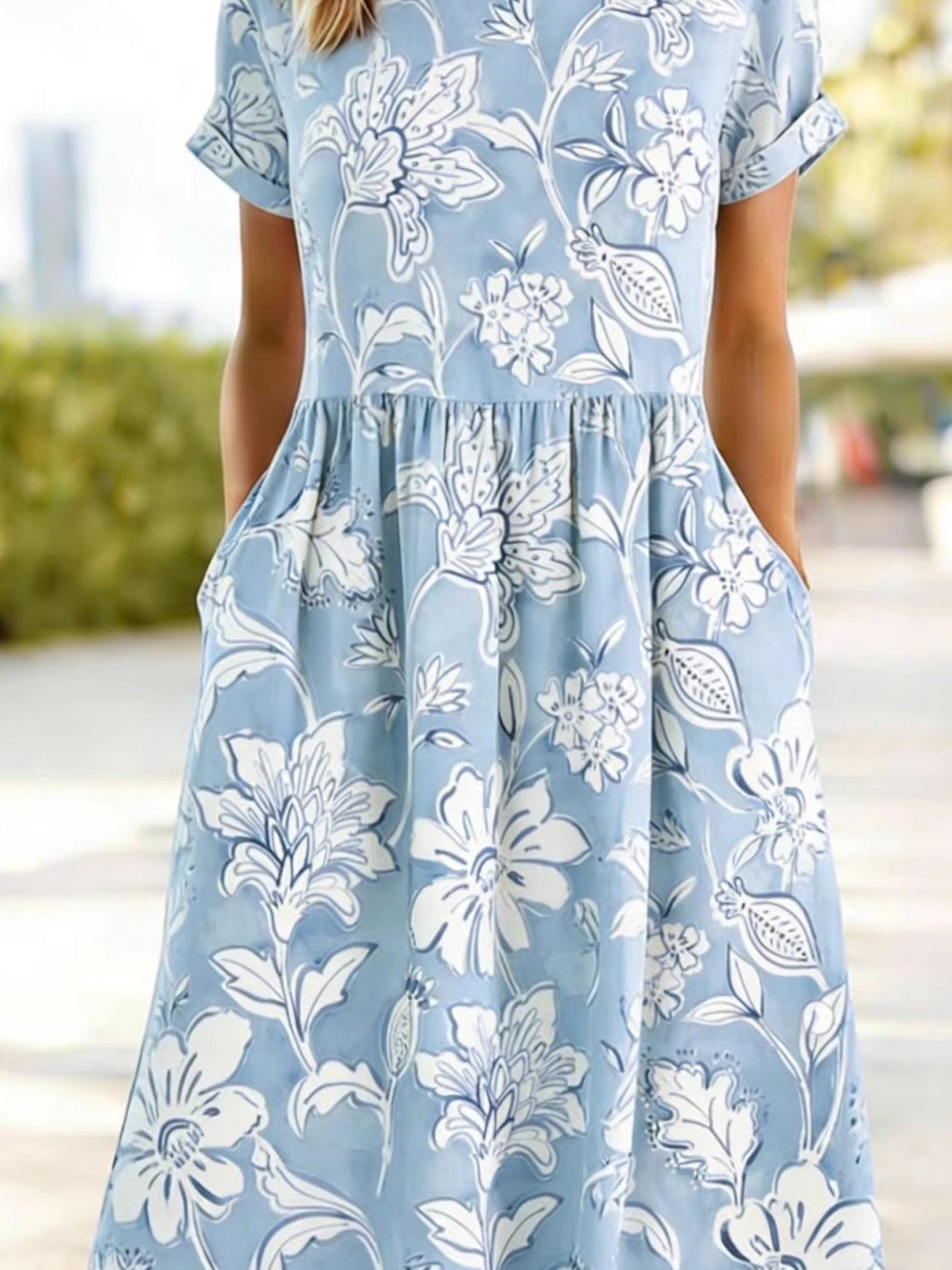 Women's Short Sleeve Summer Blue Floral Printing Round Neck Daily Going Out Casual Maxi A-Line Dress