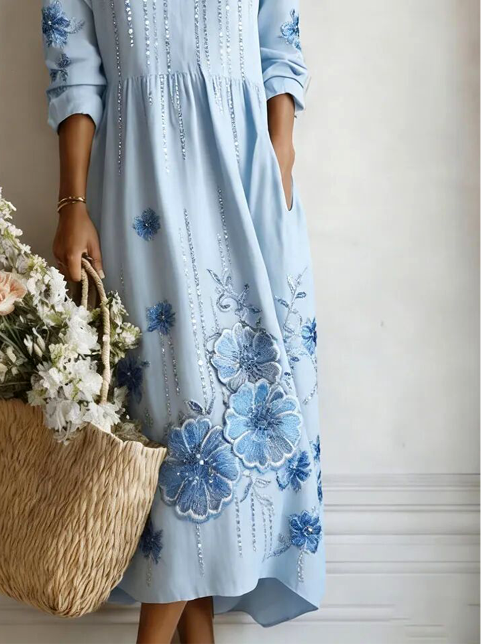 V Neck 3D Printing Loose Elegant Dress With No