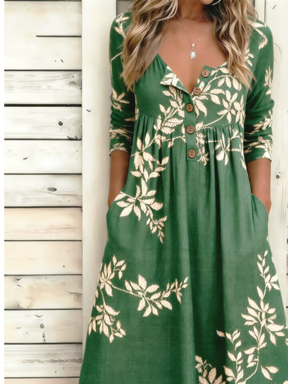 Green Leaf Print Button Down V-Neck 3/4 Sleeve Maxi Dress