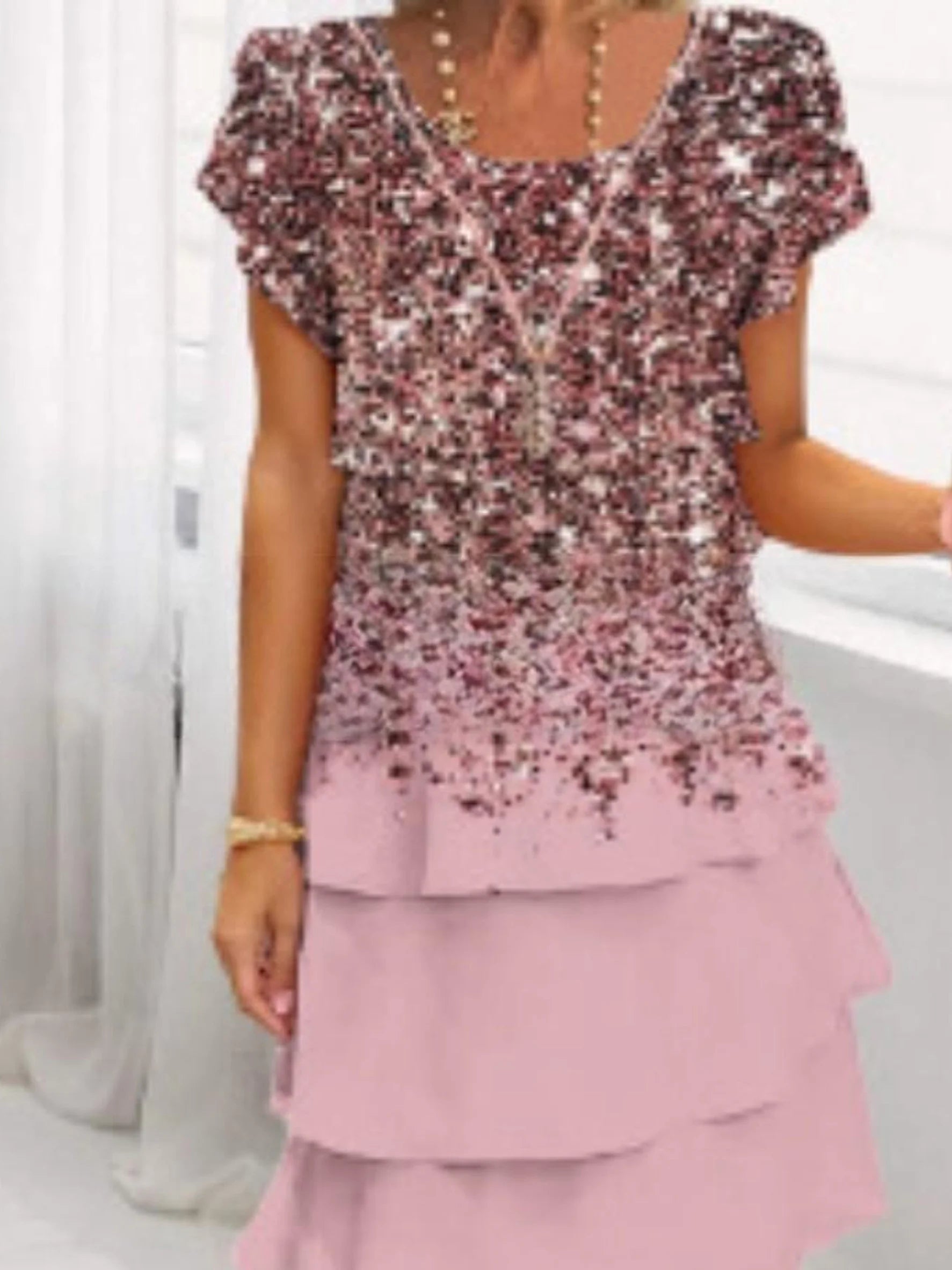 Sequin Casual Crew Neck Short Sleeve Spring/Summer Chiffon Dress