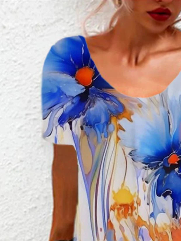 Floral Print Short Sleeve Crew Neck Dress