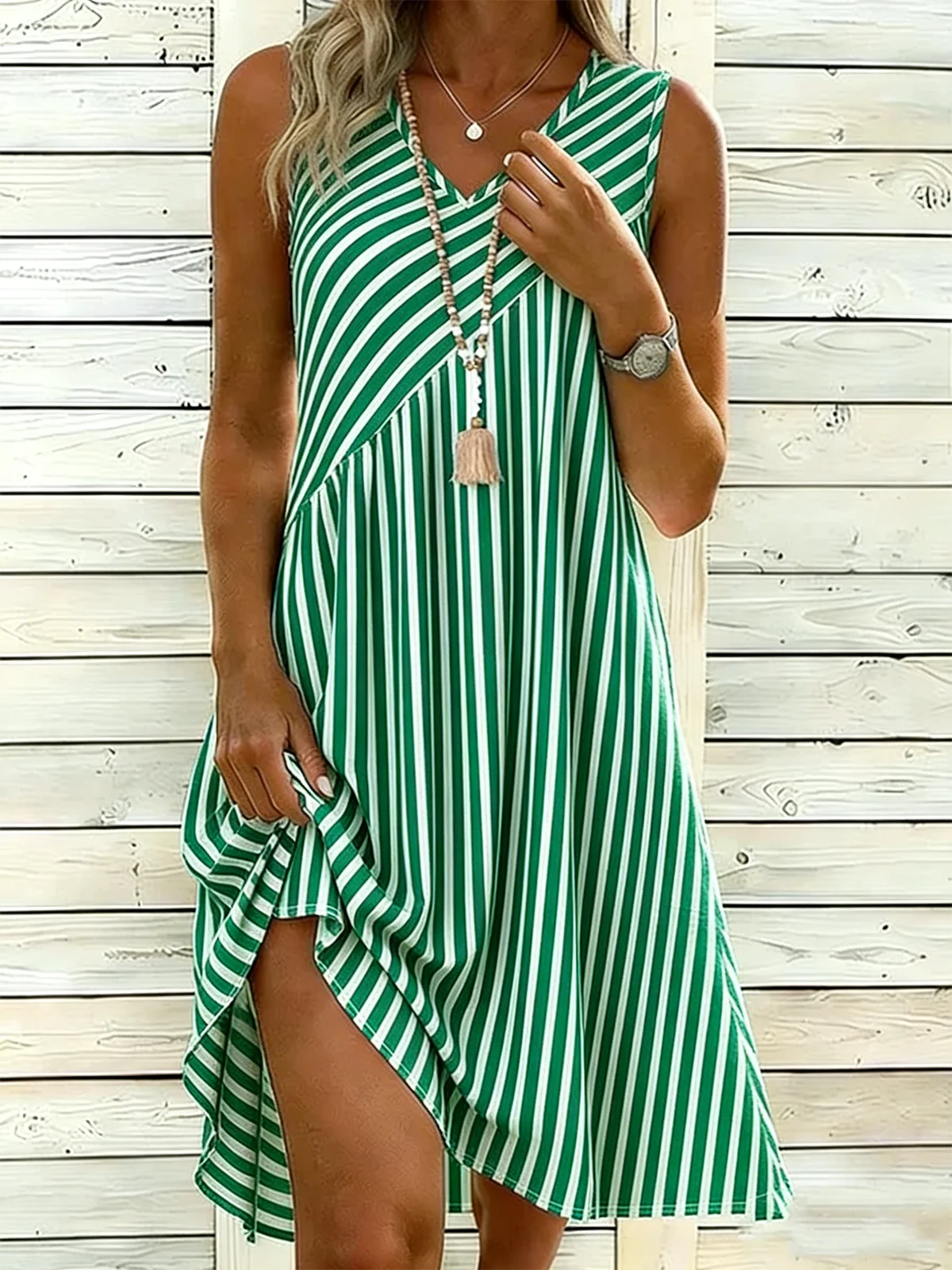 Women Striped Summer Dress V Neck Sleeveless Tank A-Line Dress
