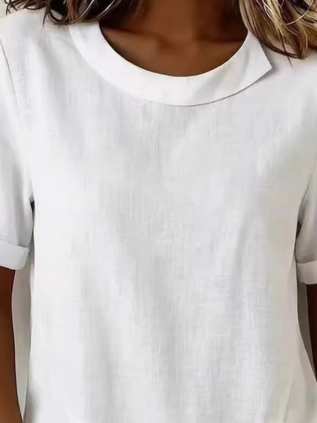 Cotton And Linen Plain Short Sleeve Round Neck Button Casual Top