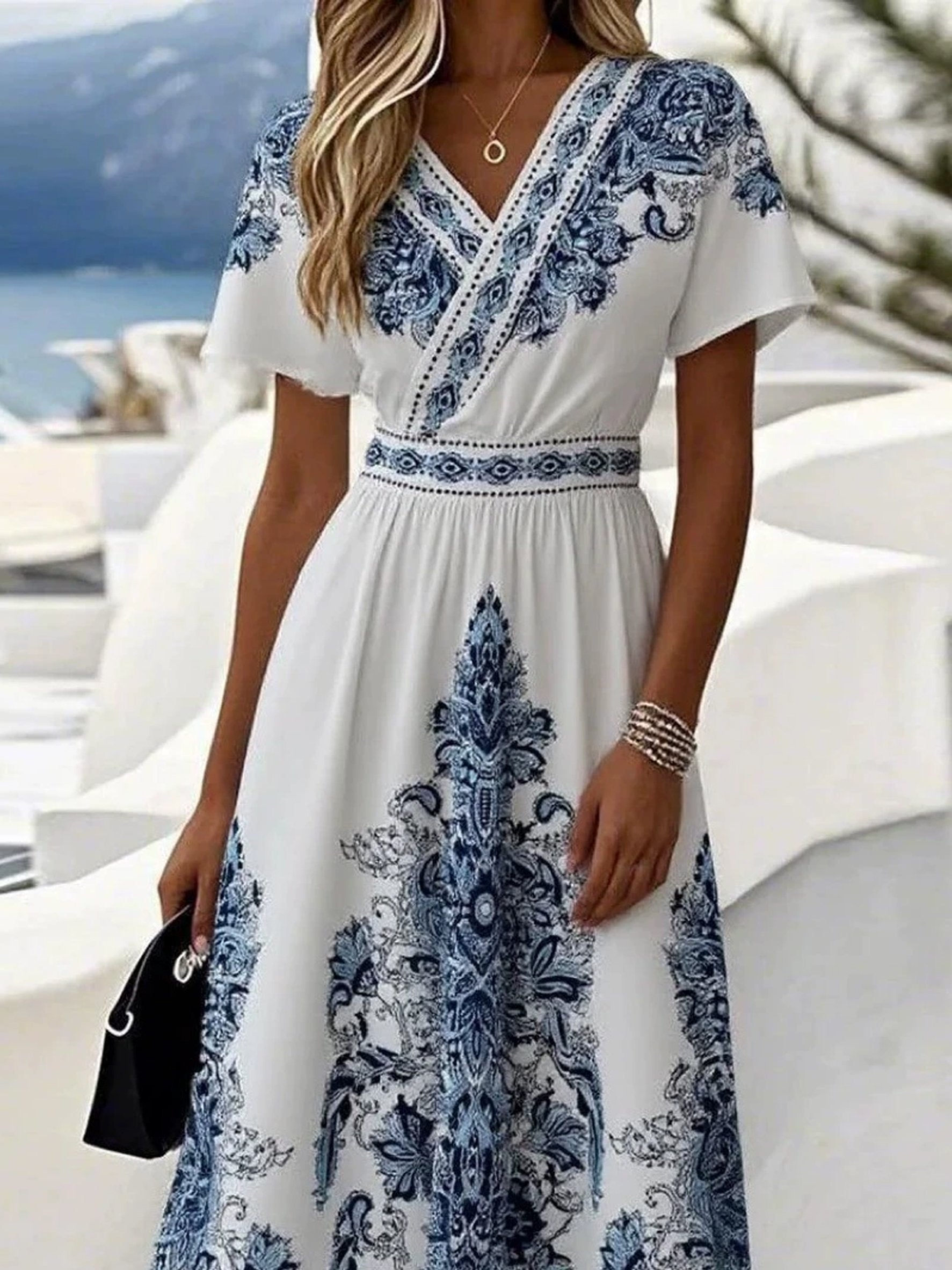 Blue Ethnic Floral Short Sleeve V Neck Summer Going Out Vacation Casual Dress