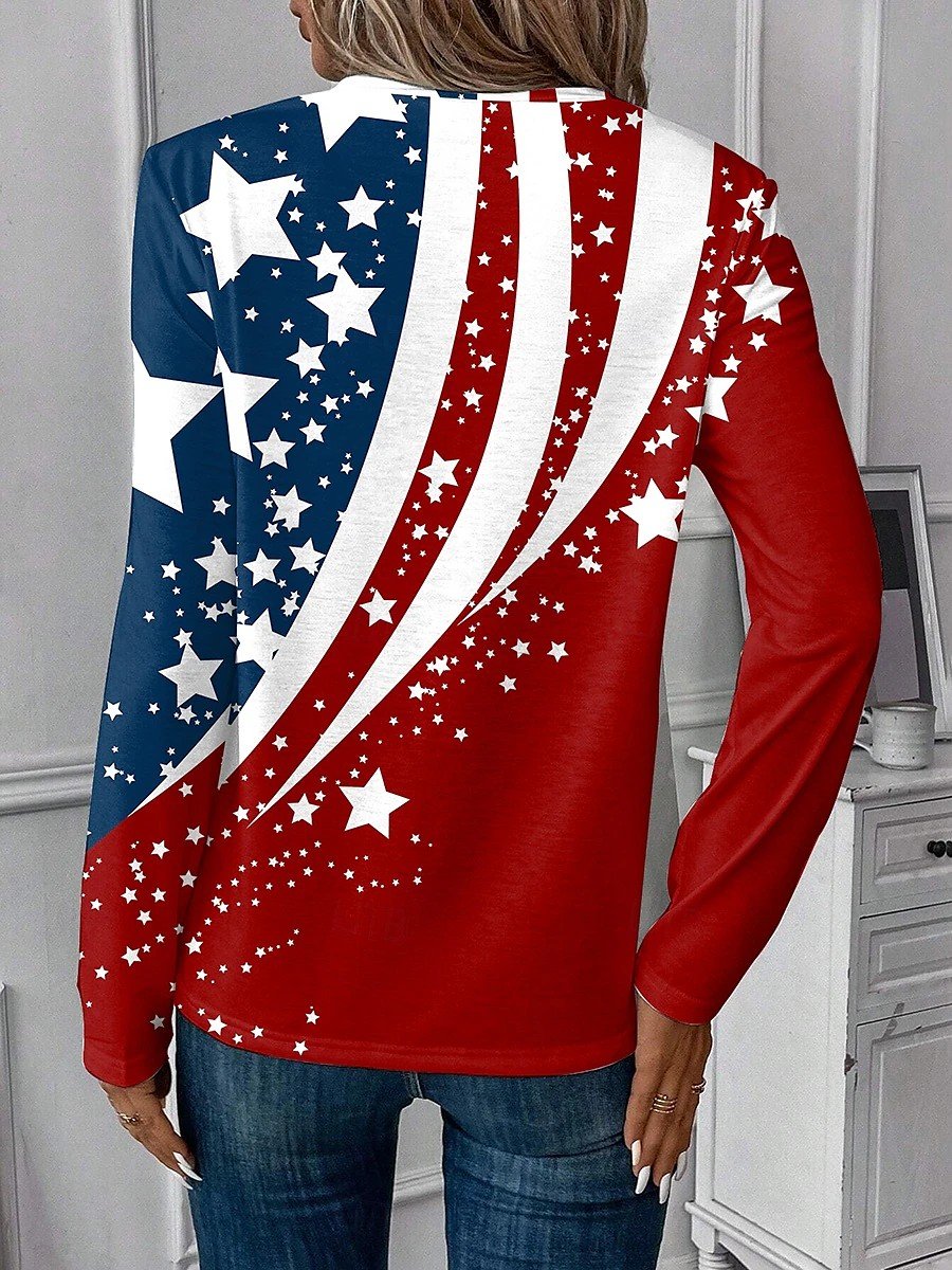 Independence Day Patriotic V-neck Long-sleeved Women's T-shirt