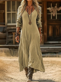 Women's Long Sleeve Spring/Fall Khaki Plain Printing V Neck Daily Going Out Vintage Maxi H-Line Dress