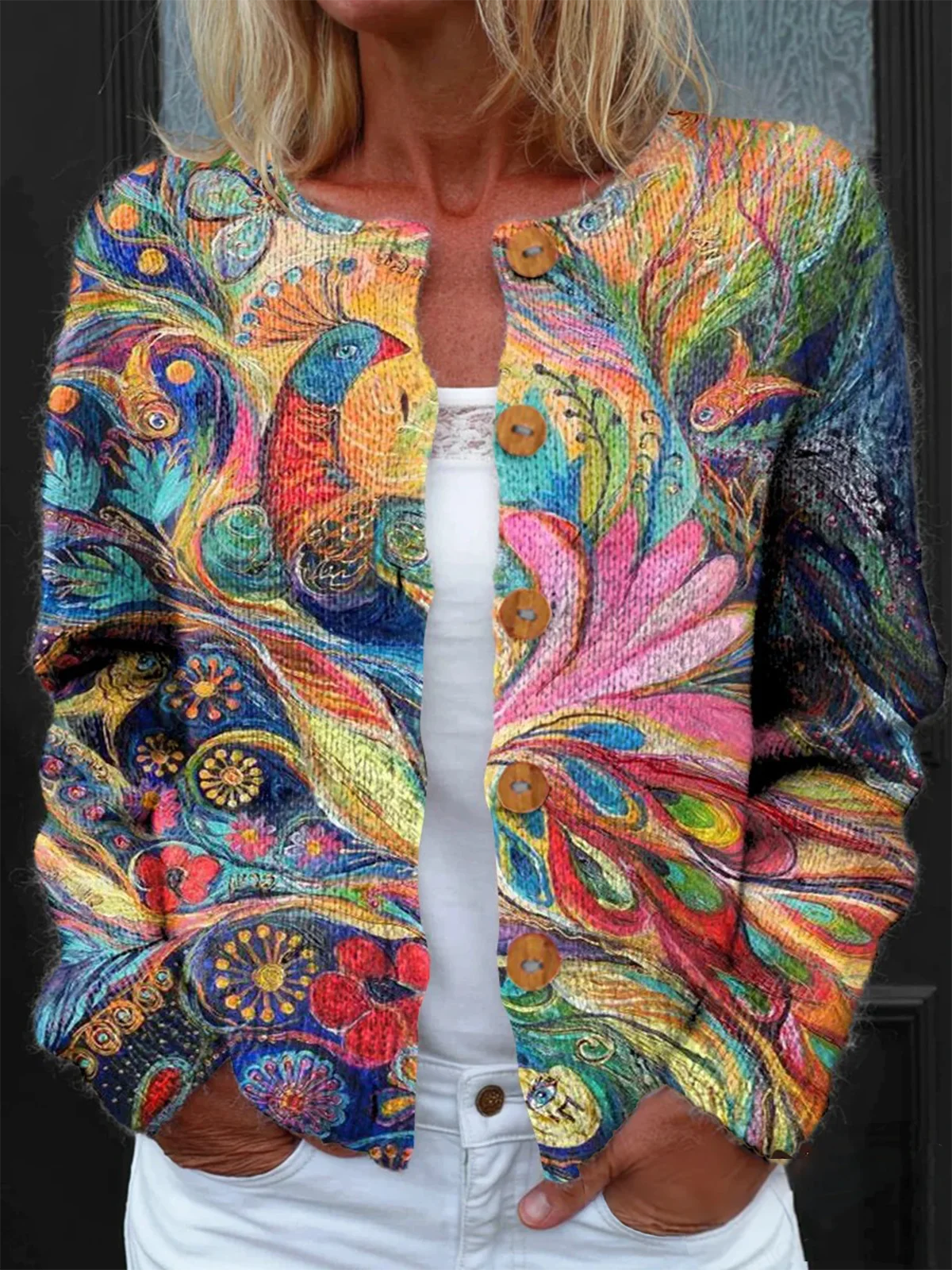 Peasant Knitted Loose Crew Neck Cardigan
