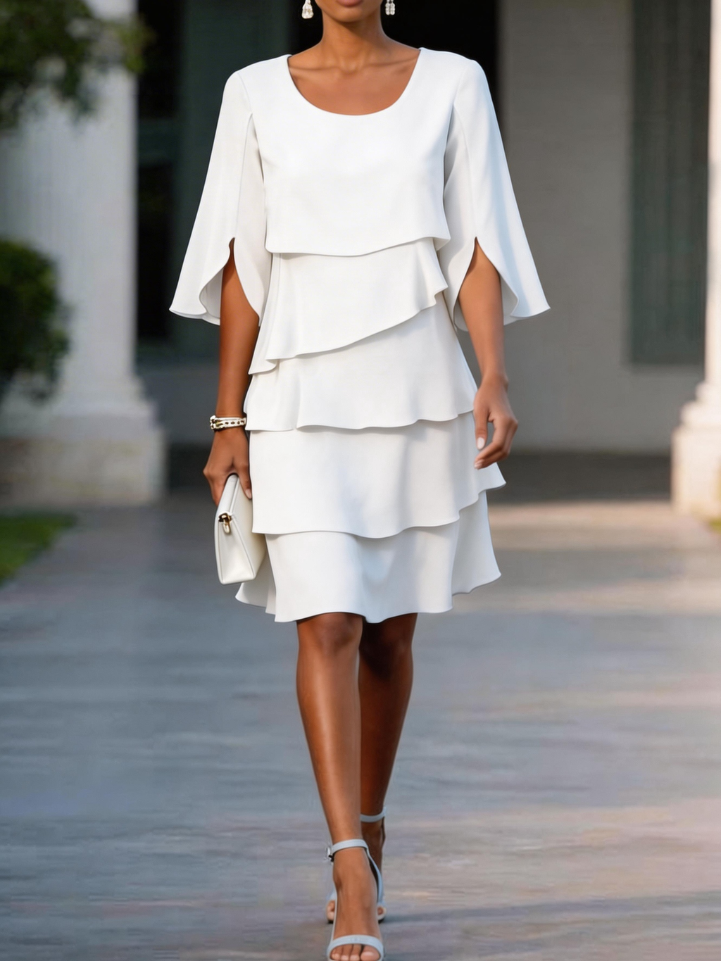 Women's Light Blue Layered Ruffle Dress Round Neck 3/4 Split Sleeve Casual Shift Dress