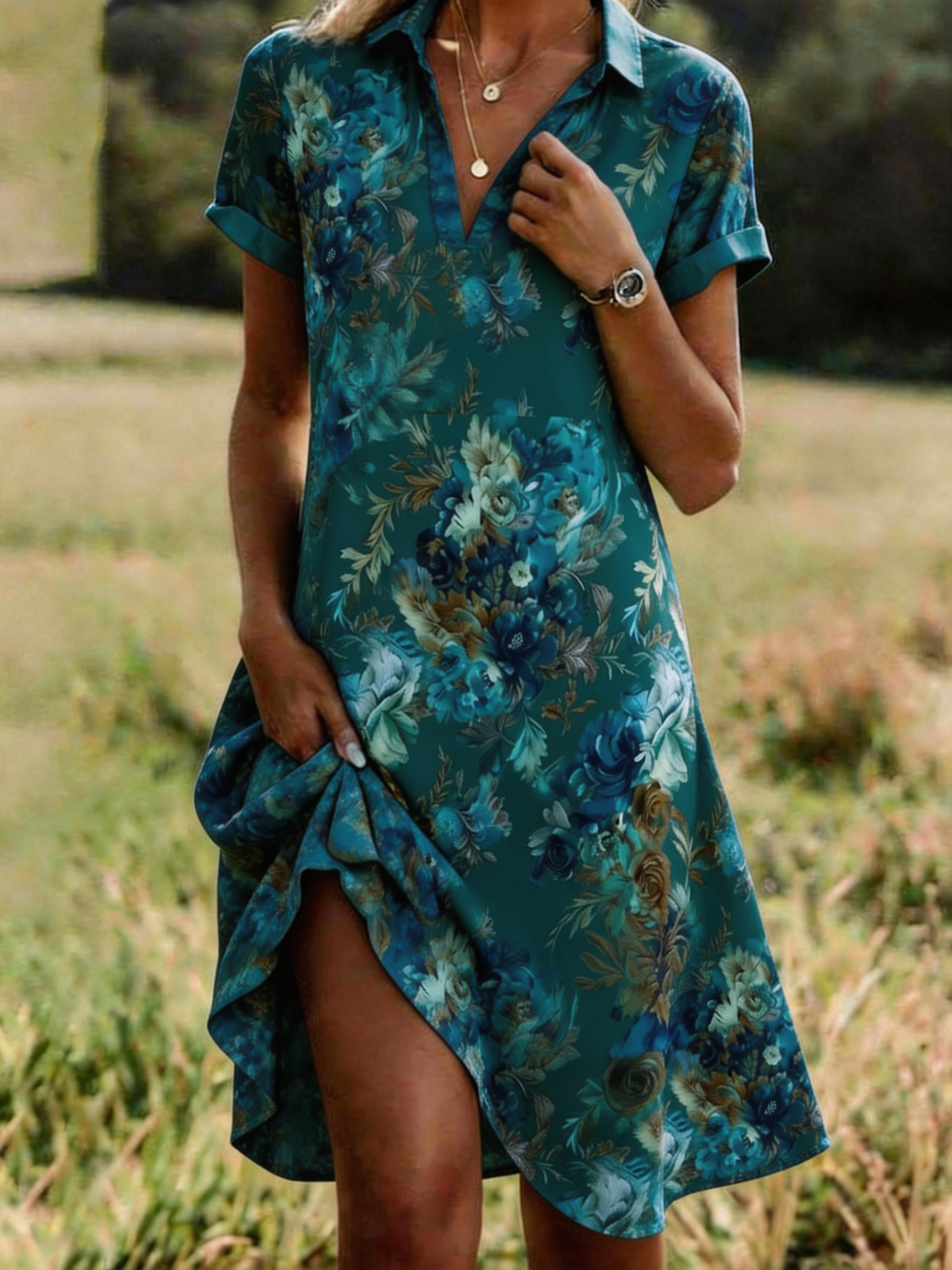 Boho Floral Loose Shirt Collar Shirt Dress With No