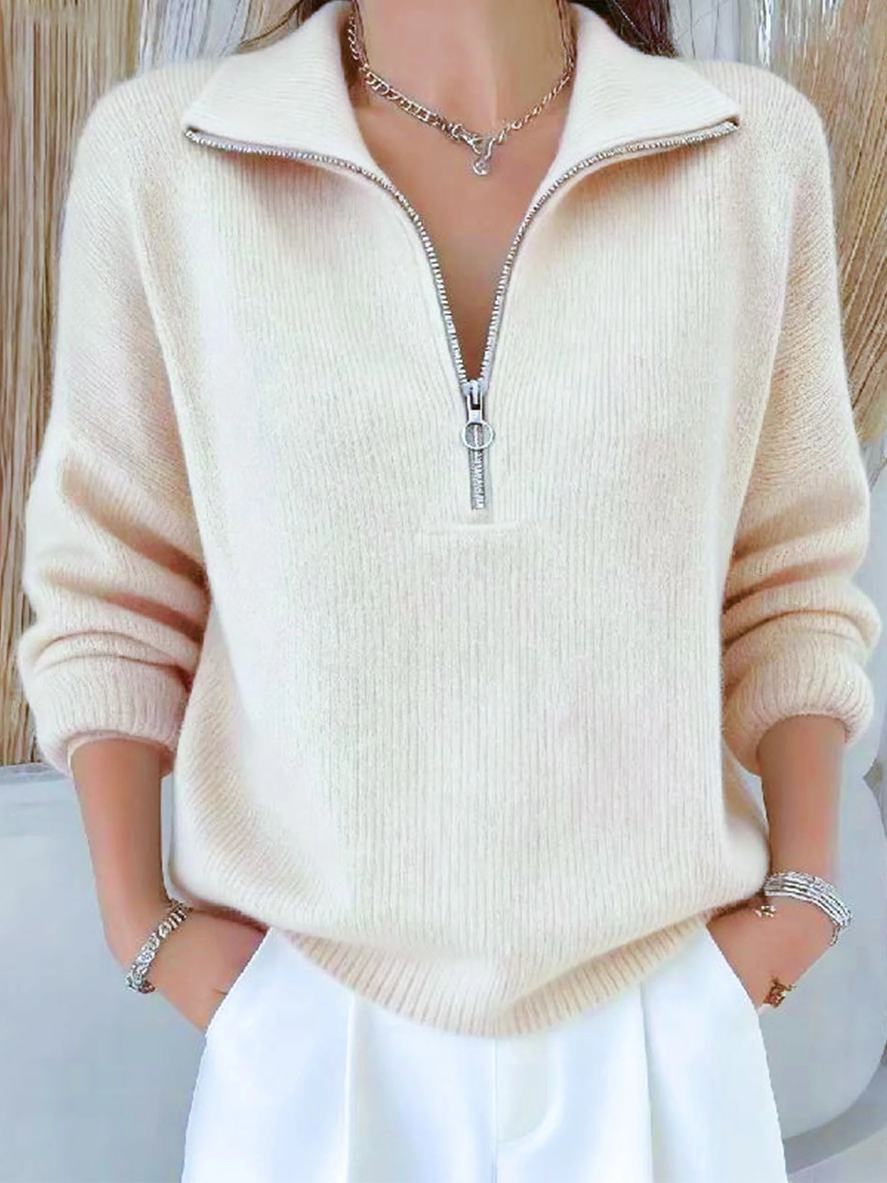 Women's Plain Elegant Yarn/Wool Shawl Collar Zipper Sweater