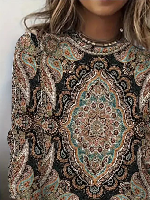 Women's Long Sleeve T-shirt Spring/Fall As Picture Ethnic Printing Jersey Crew Neck Daily Going Out Casual Top
