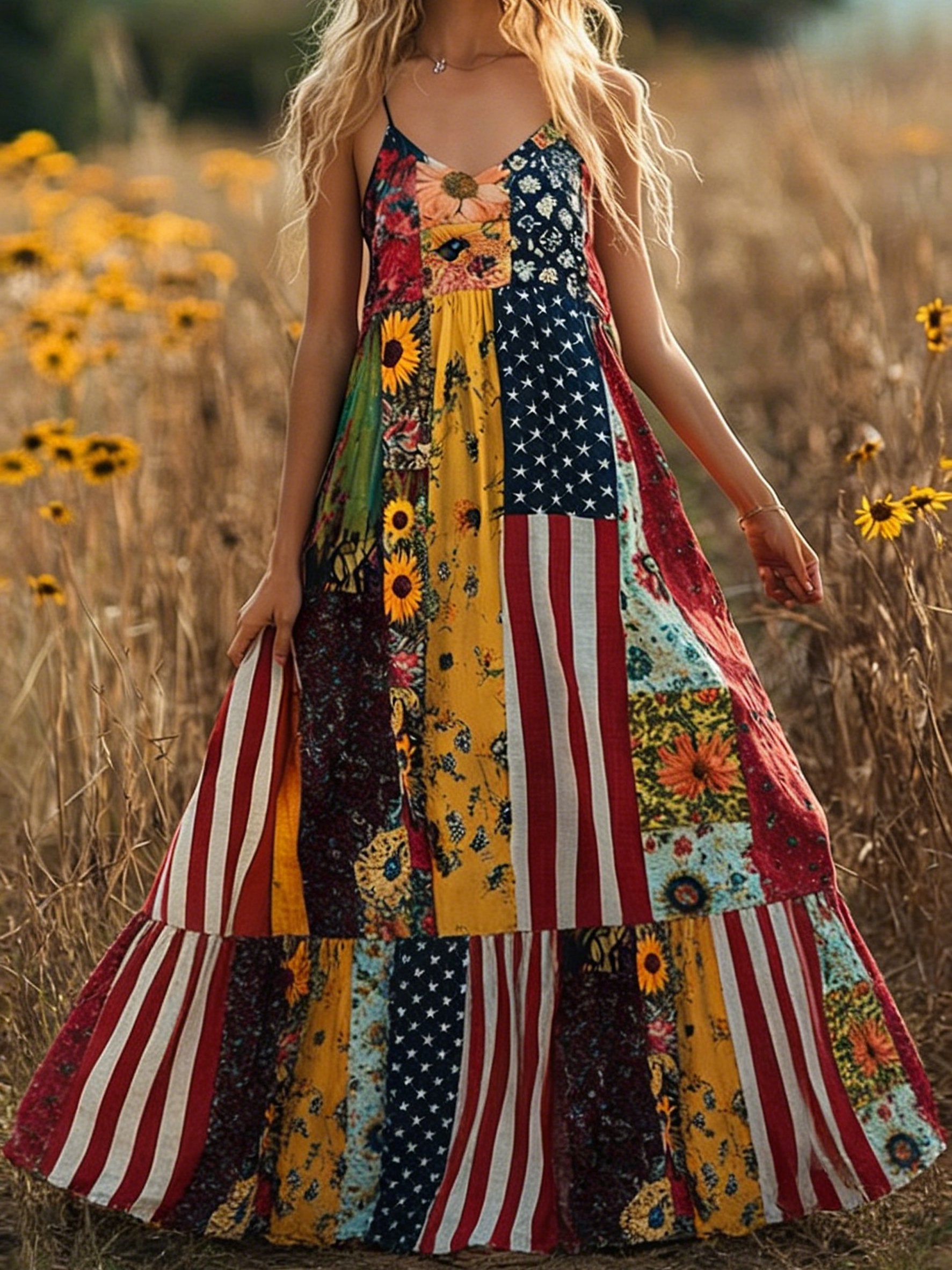 Women Floral Summer Dress America Flag Linen Look V Neck Sleeveless A-Line Dress