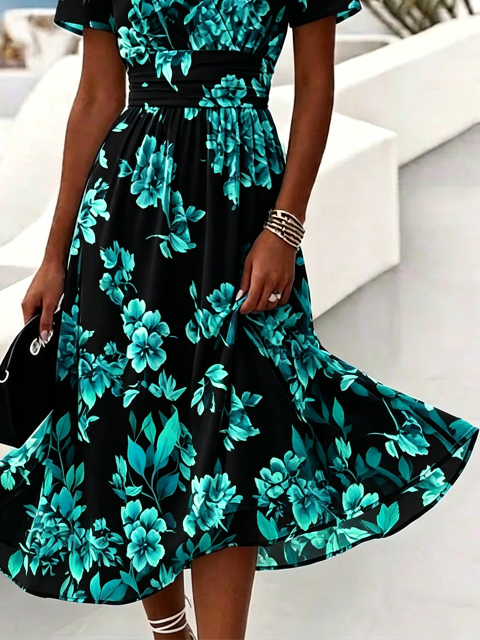 Floral Elegant Regular Fit V Neck Dress With No